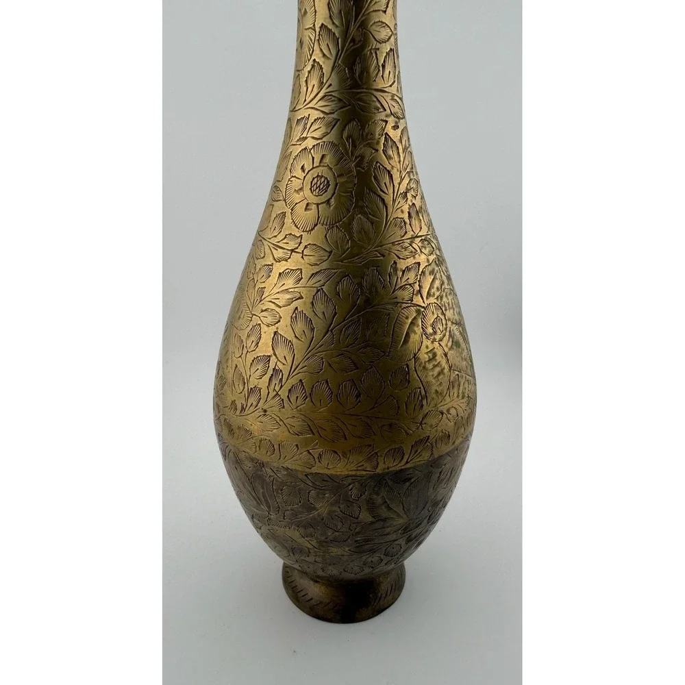 Vintage Brass Vase‎ Floral Etched Tall Slim Neck Home Decor Accent